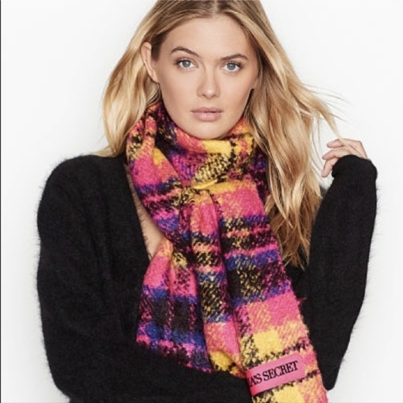 Victoria's Secret Fuchsia & Yellow Plush Plaid Scarf Winter Angel Collection - Picture 1 of 9